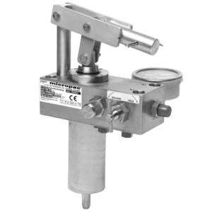 ATEX hydraulic hand pump-PhotoRoom A Micropac stainless steel ATEX hand pump. 316 Stainless block with cylindrical barrel below and hand mechanism above.
