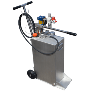 our DUO unit, a combination of both an air driven pump, as well as a manual hand pump both mounted on top of a 2 wheel trolley reservoir
