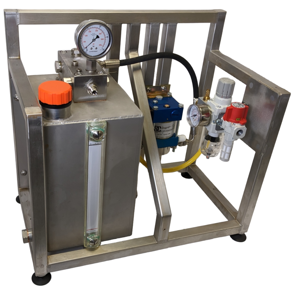 air driven hydraulic pump in a frame with reservoir