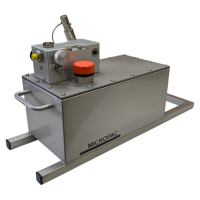 A carry around stainless steel reservoir with a handle for fluid and a hydraulic hand pump on top.
