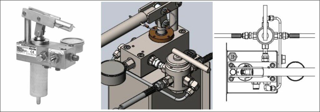 3 views of Sarum Hydraulics Hand Pumps, 1 in reality, 1 in a 3d design environment on Solidworks, and 1 as shown on a technical drawing