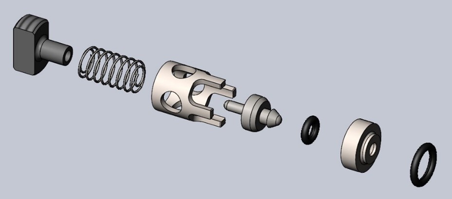 an exploded drawing of a Micropac check valve showing all the part including a spring, seat, poppet and seals