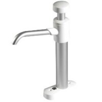 Whale V MK6 Manual Galley Pump with a metal spout, a plunger on top with white know that moves up and down then a cylindrical body and base flange for screwing down.